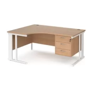 Office Desk Left Hand Corner Desk 1600mm With Pedestal Beech Top With White Frame 1200mm Depth Maestro 25 MCM16ELP3WHB