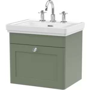 Nuie Classique Wall Hung 1-Drawer Vanity Unit with Basin 500mm Wide Satin Green - 3 Tap Hole