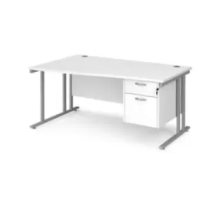 Office Desk Left Hand Wave Desk 1600mm With Pedestal White Top With Silver Frame Maestro 25 MC16WLP2SWH