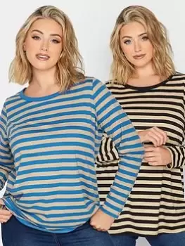 Yours Long Sleeve Stripe Tee 2 Pack Blue Oat & Black Oat, Blue, Size 38-40, Women