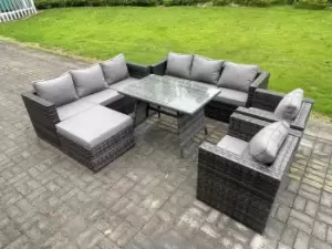 Fimous 8 Seater Outdoor Dark Grey Rattan Lounge Complete Sofa Set with Patio Dining Table and Big Footstools