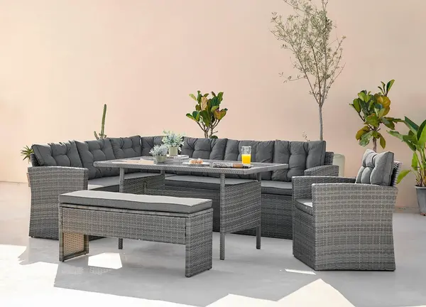 FurnitureboxUK MARBELLA 9 Seat PE Rattan Outdoor Patio Garden Sofa And Tressel Dining Table Set With Water Resistant Cover Grey