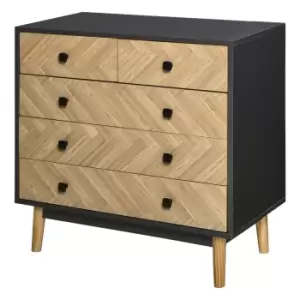 Homcom 5 Drawer Chest With Square Metal Handles Herringbone Wood Pattern Black Frame