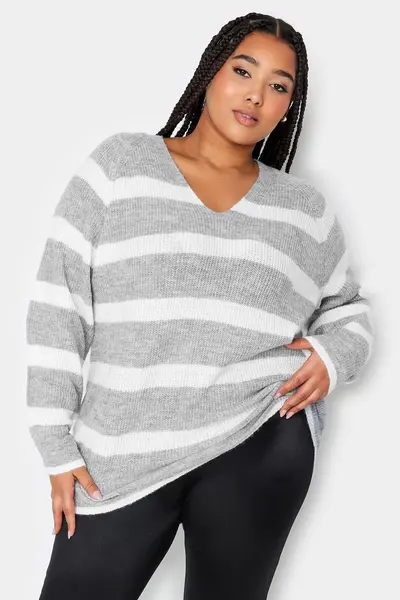 Yours V-Neck Knitted Jumper Grey