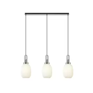 Yorktown Linear 3 Light Ceiling Pendant E27 With 20cm Almond Ribbed Glass, Opal Polished Nickel, Matt Black