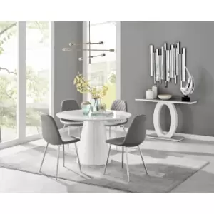 Furniturebox Palma White High Gloss 4 Seat Minimalist Post Modern Round Dining Table & 4 Grey Corona Faux Leather Dining Chairs with Silver Legs