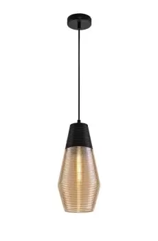 Single Cone Ceiling Pendant 1 Light E27, Black, Amber Glass