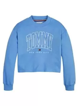 Tommy Hilfiger Girls Bold Varsity Cropped Crew Sweat - Blue Size Age: 8 Years, Women