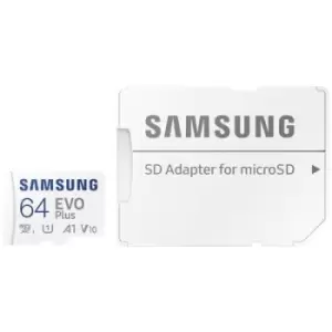 Samsung EVO Plus SDXC card 64GB A1 Application Performance Class, Class 10, Class 10 UHS-I, UHS-I A1 rating, incl. SD adapter, shockproof