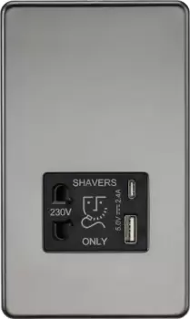 KnightsBridge Shaver socket with dual USB A+C (5V DC 2.4A shared) - Black nickel