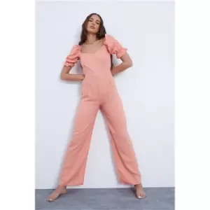 I Saw It First Rose Linen Look Puff Sleeve Wide Leg Jumpsuit - Pink