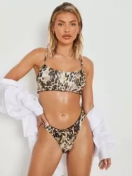 Boohoo Scoop Frill Bikini Top - Leopard, Multi, Size 14, Women