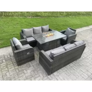 Fimous 8 Seater Outdoor Dark Grey Rattan Lounge Complete Sofa Set with Gas Fire Pit and Rectangle Dining Table