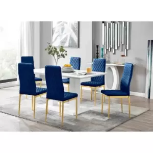 Furniture Box Imperia 6 White Dining Table and 6 Navy Velvet Milan Gold Leg Chairs