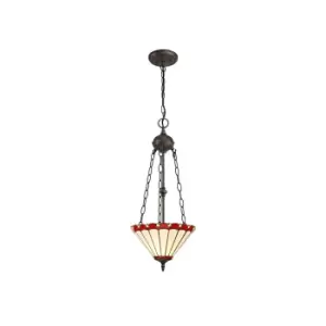 2 Light Uplighter Ceiling Pendant E27 With 30cm Tiffany Shade, Red, Crystal, Aged Antique Brass