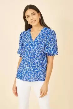 Blue Ditsy Print Puff Sleeve Top