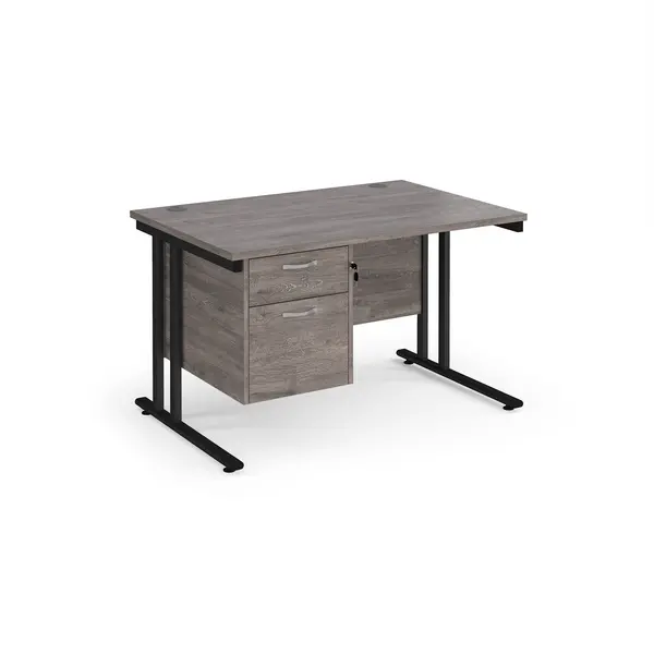 Maestro 25 straight desk 1200mm x 800mm with 2 drawer pedestal - Black cantilever leg frame, grey oak top