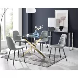 Furniturebox Leonardo 120cm Modern Glass And Gold Metal Leg Dining Table And 4 Elephant Grey Corona Faux Leather Black Leg Dining Chairs