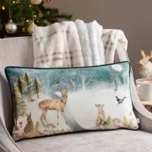 Stag Winter Scene Cushion Teal, Teal / 30 x 50cm / Polyester Filled