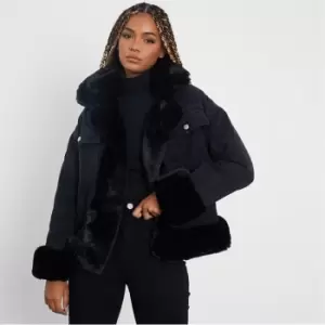 I Saw It First Extreme Faux Fur Trim Denim Jacket - Black