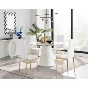 Furniture Box Palma White Marble Effect Round Dining Table and 4 White Milan Gold Leg Chairs