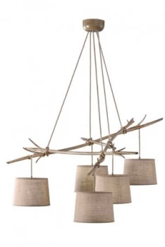 Ceiling Pendant 5 x E27 (Max 40W), Imitation Wood, Linen Shade