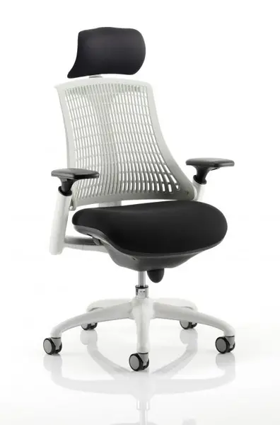 Flex Task Operator Chair White Frame Black Fabric Seat With Moonstone White Back With Arms With Headrest