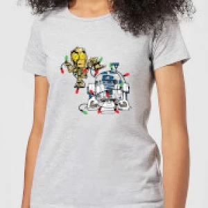 Star Wars Tangled Fairy Lights Droids Womens Christmas T-Shirt - Grey - 4XL