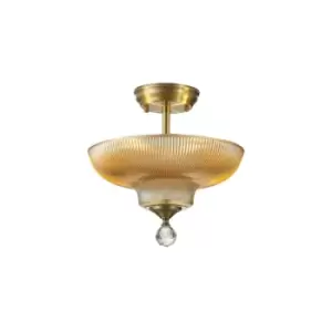 Dresden 2 Light Semi Flush Ceiling Lamp E27 With Round 30cm Glass Shade Antique Brass, Amber