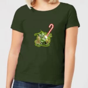 Star Wars Candy Cane Yoda Womens Christmas T-Shirt - Forest Green - L