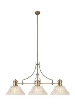 Linear Ceiling Pendant With 38cm Patterned Round Shade, 3 x E27, Antique Brass, Clear Glass