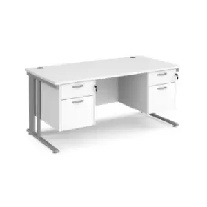 Office Desk Rectangular Desk 1600mm With Double Pedestal White Top With Silver Frame 800mm Depth Maestro 25 MCM16P22SWH