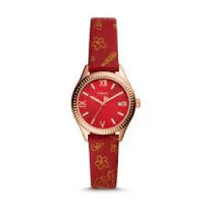 Fossil Womens Rye Three-Hand Date Leather Watch - Red