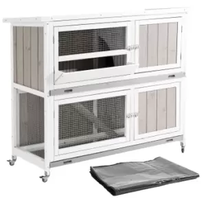 Pawhut Two-tier Wooden Rabbit Hutch With Wheels Trough Rain Cover Tray - Grey