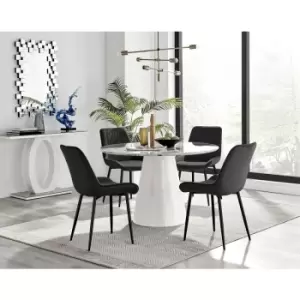 Furniturebox Palma White Marble Effect 120cm Round Minimalist Dining Table & 4 Black Pesaro Black Leg Velvet Chairs