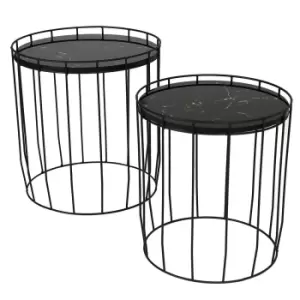 Marble Effect Cage Side Table Set Black