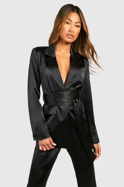 Matte Satin Obi Tie Waist Tailored Blazer