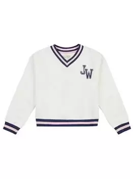 Jack Wills Girls JW Oversized V-Neck Varsity Sweat Top - Marshmallow, Cream, Size Age: 5-6 Years, Women