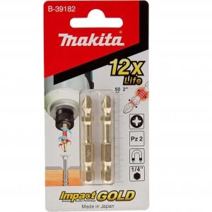 Makita Double Torsion Impact Gold Pozi Screwdriver Bit PZ2 50mm Pack of 2