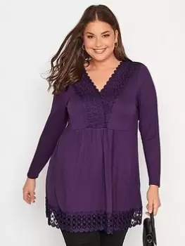 Yours Long Sleeve Crochet Trim Tunic - Aubergine, Purple, Size 16, Women