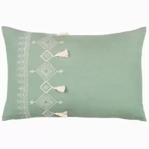 Furn - Pritta Embroidered Diamond 100% Cotton Tasselled Cushion Cover, Eucalyptus, 40 x 60 Cm