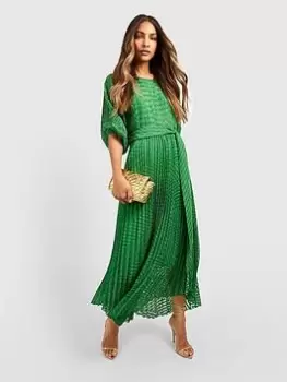 Boohoo Dobby Pleated Puff Sleeve Midi Dress - Green, Size 10, Women