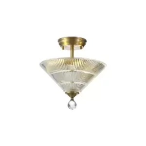 Dresden 2 Light Semi Flush Ceiling Lamp E27 With Cone 30cm Glass Shade Antique Brass, Clear