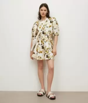 AllSaints Womens Womens Cotton Linen Blend Floral Summer Colette Soleil Mini Dress, Yellow, White and Black, Size: 16, Yellow/White/Black