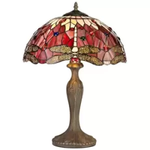 Luminosa Lighting - 2 Light Curved Table Lamp E27 With 40cm Tiffany Shade, Purple, Pink, Crystal, Aged Antique Brass