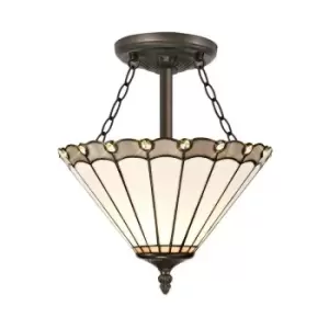 3 Light Semi Flush Ceiling E27 With 30cm Tiffany Shade, Grey, Crystal, Aged Antique Brass - Luminosa Lighting