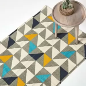 HOMESCAPES Copenhagen Blue, Yellow and Grey 100% Cotton Geometric Style Scandi Printed Rug, 160 x 230cm - Multi Colour