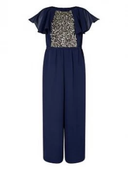 Monsoon Girls Bonita Cape Sleeve Sequin Jumpsuit - Navy, Size 14-15 Years, Women