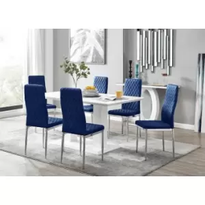 Furniturebox UK - Furniturebox Imperia 6 High Gloss White Modern Dining Table and 6 Navy Milan Faux Leather Dining Chairs With Silver Legs Diamond