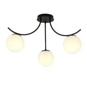 Boston Black Multi Arm Globe Ceiling Light with White Glass Shades, 3x E14